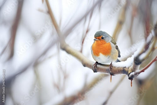 robin fluffing feathers on frosty tree limb