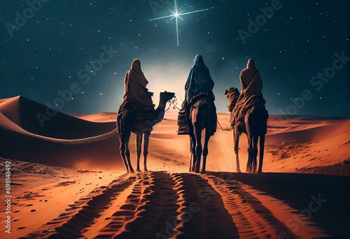 The three kings - also known as Magi or Wisemen- follow the star of Bethlehem. Image in panoramic format with copy space. Generative AI