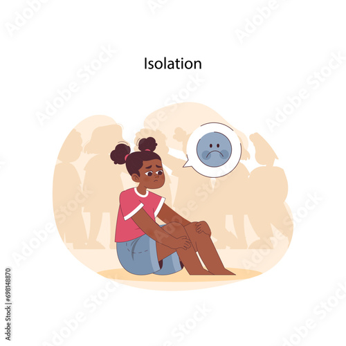 Isolation concept. A young girl sitting alone, her expression reflecting sadness and loneliness, encapsulating the challenges of childhood solitude. Flat vector illustration