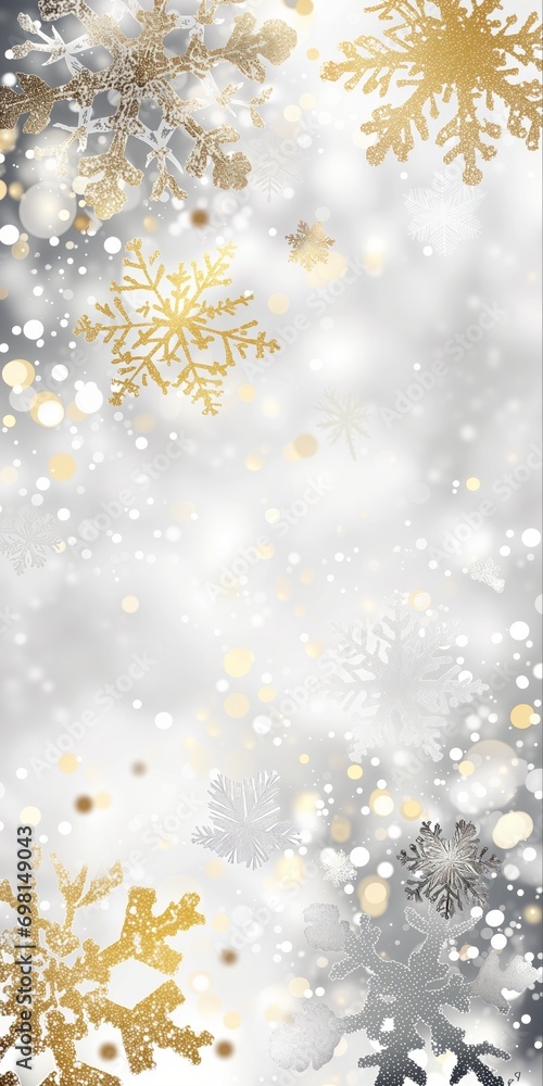 vertical minimal Christmas Background, Festive design, sparkling lights golden and white snowflakes. Poster, banner, greeting card