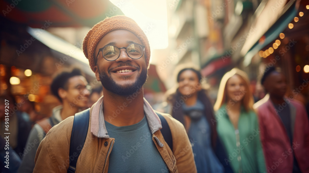 Multiracial millennials exploring a vibrant street market