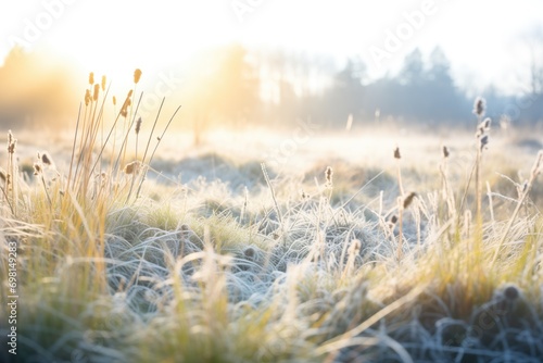 a misty winter meadow with sun piercing through