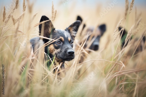 african wild dogs coordinating an ambush in tall grass photo