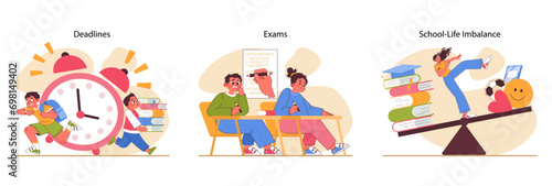 Educational stress set. Students race against deadlines, navigate exam anxieties, and strive for school-life harmony. Time management, nervousness during lessons, struggling with balance. Flat vector