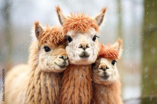 fluffy alpacas huddled together as snow gently falls around © stickerside