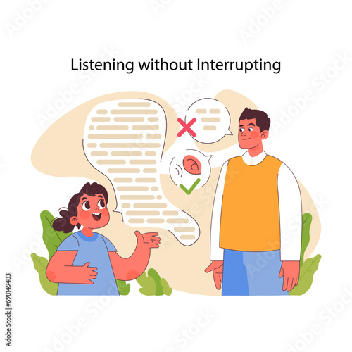 Listening without interrupting concept. Attentive man values daughter words, ensuring respectful conversation. Active and patient hearing, perceiving thoughts and ideas. Flat vector illustration