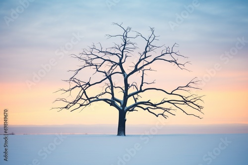 silhouette of a leafless tree during a snowfall at dusk © stickerside