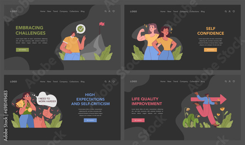 Lifelong learning set. Emphasizing continuous education, lifestyle enhancement, and managing self-expectations. Nurturing wisdom, striving for better, embracing efforts. Flat vector illustration