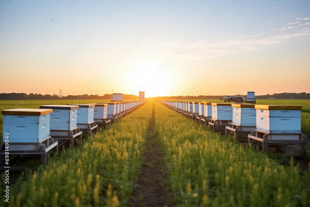 line of hives with bees and sunset in countryside - obrazy, fototapety, plakaty 