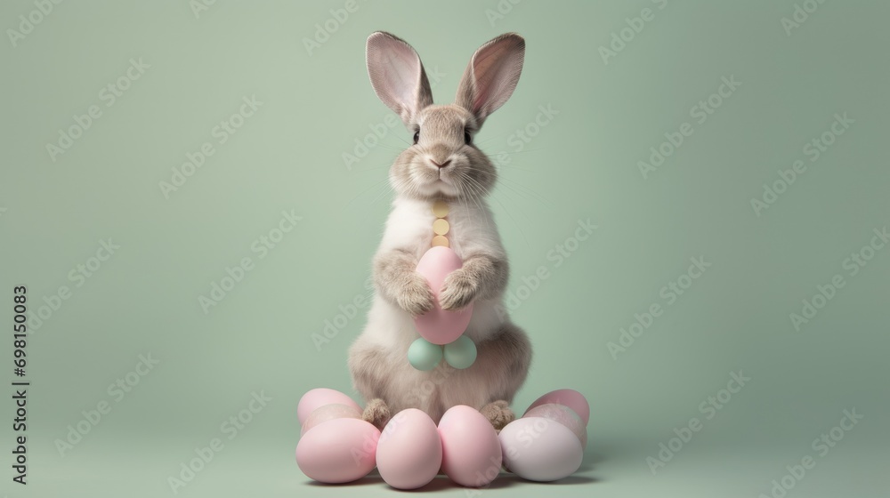 Fototapeta premium easter bunny surrounded by easter eggs, green background