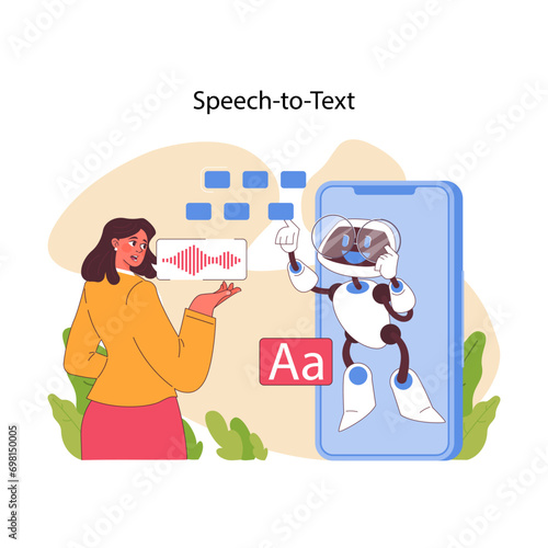 Speech to text concept. Interactive exchange between user and AI, showcasing voice recognition technology. Robot typing and writing audio message. Advanced technology help. Flat vector illustration