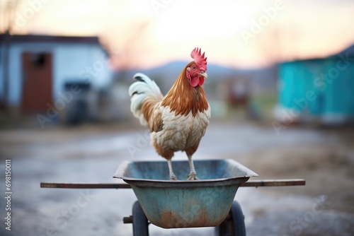 Fototapete single chicken perched on rustic wheelbarrow at end of day