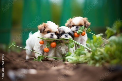 shih tzu puppies exploring a vegetable patch