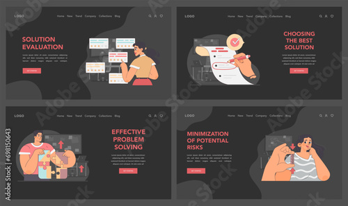 Solution assessment set. Stages of processing complicated situation. Reviewing options, confirming choices, and reducing risks. Strategy and decision-making process. Flat vector illustration