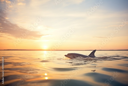 dolphin silhouette, sun on horizon © stickerside