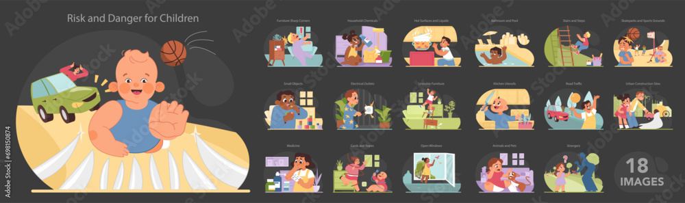 Child safety set. Kids in various dangerous situations. Household ...