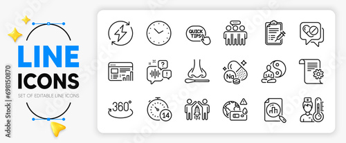 Covid test, Technical documentation and Sodium mineral line icons set for app include Partnership, Quarantine, Full rotation outline thin icon. Renewable power, Vaccine report. Vector