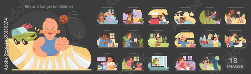 Child safety set. Kids in various dangerous situations. Household perils and outdoor hazards for toddlers. Awareness on domestic accidents, injuries prevention tips. Flat vector illustration