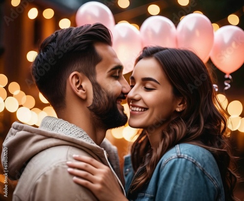 A man and a woman hug happily against the backdrop of balloons for Valentine's Day