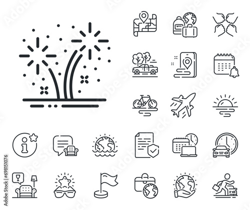 Pyrotechnic salute sign. Plane jet, travel map and baggage claim outline icons. Fireworks line icon. Carnival celebration lights symbol. Fireworks line sign. Car rental, taxi transport icon. Vector