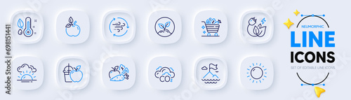 Green energy, Juice and Wind energy line icons for web app. Pack of Thermometer, Vegetables cart, Eco food pictogram icons. Mountain flag, Co2, Startup signs. Sunset, Vegetables, Sunny weather. Vector