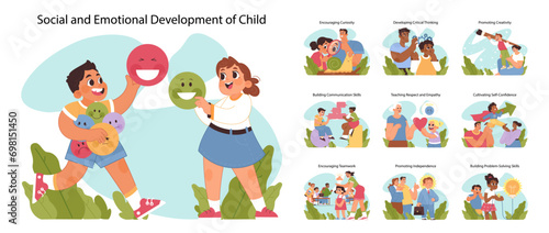 Child development set. Kids participating in various educational activities. Stages of emotional growth and social learning. Interactive play, empathy, confidence building. Flat vector illustration