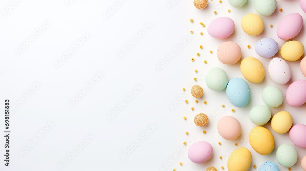 multi-colored Easter eggs on a white background, top view, space for text