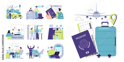 People in the airport set. Characters with a suitcase checking-in on a flight, at the security scanner and passport control. Passenger with baggage. Travel and tourism. Flat vector illustration
