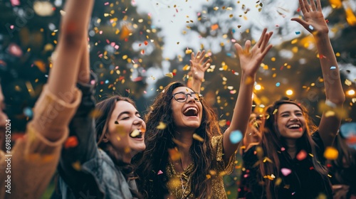 Youth Culture: Happy Friends Celebrating Outdoor Party with Confetti