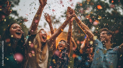 Youth Culture: Happy Friends Celebrating Outdoor Party with Confetti