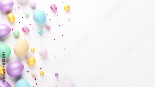 multi-colored Easter eggs on a white background, top view, space for text