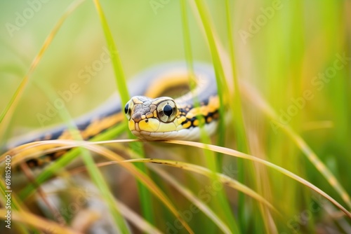 garter snake peeking out of streamside grass