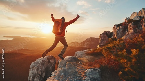Happy Man Jumping on Top of Mountain: Sport and Travel Lifestyle
