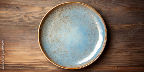 Ceramic plate on a wooden table, top view photo