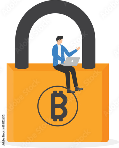 Young businessman men on lock with bit coin sign. Bitcoin security secure transaction payment concept web infographics vector illustration.


