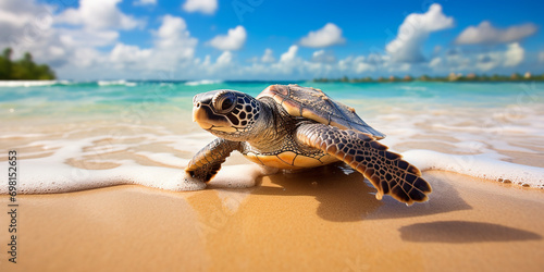 Baby sea turtle on a tropical sandy beach photo