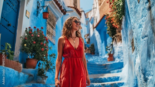 Young woman in red dress visiting Chefchaouen, Morocco - Travel concept © mattegg