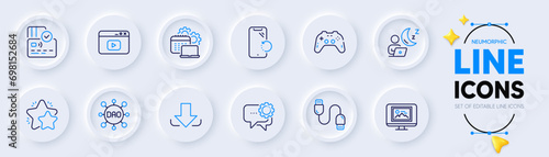 Smartphone recovery, Charging cable and Video content line icons for web app. Pack of Shift, Photo thumbnail, Software pictogram icons. Dao, Download, Employees messenger signs. Star. Vector