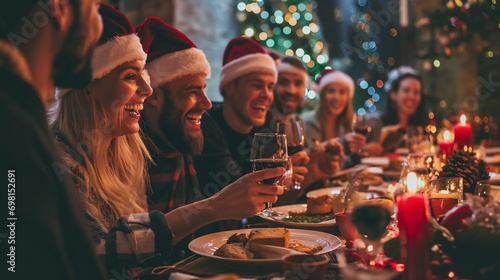 Cheerful Friends Celebrating Christmas Dinner Party - Winter Holidays Concept © mattegg