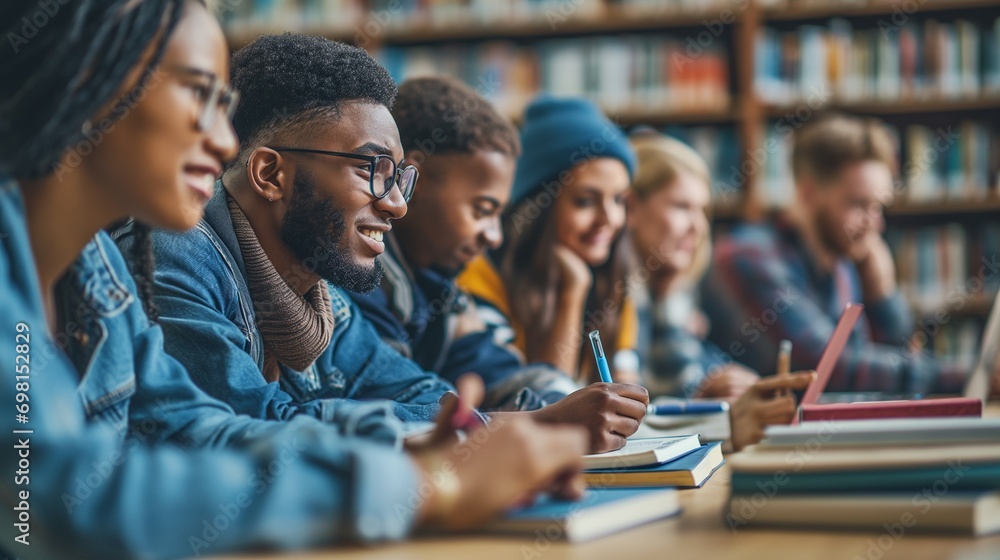 Multiracial University Students Engage in Group Study at High School Library Multiracial University Students Engage in Group Study at High School Library