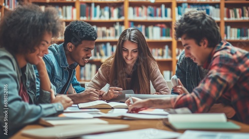Multiracial University Students Engage in Group Study at High School Library photo