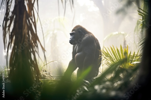 mist-shrouded gorilla silhouette against jungle