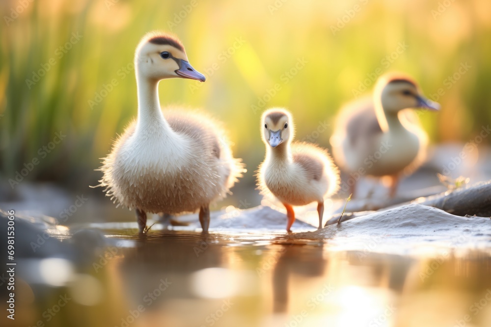 Obraz premium golden light shining on geese and goslings