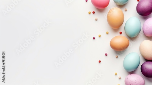 multi-colored Easter eggs on a white background, top view, space for text