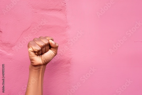 Raised fist of a woman on pink background with copy space. International women's day and the feminist movement concept. March 8. Independence, freedom, empowerment, and activism for women rights photo