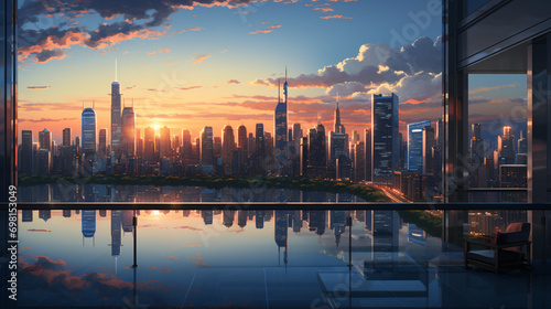 An awe-inspiring hyper-realistic painting of the serene dawn above a city's outline, displaying each element - from the sun's rays glinting off the towers