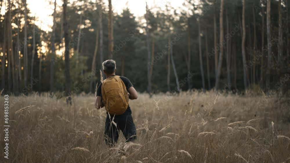 slow motion adult gray haired man in glasses with yellow backpack Walks by trail in autumn forest. male hiker with backpack going up through wood with high grass. selective focus. traveling in Ukraine slow motion adult gray haired man in glasses with yellow backpack Walks by trail in autumn forest. male hiker with backpack going up through wood with high grass. selective focus. traveling in Ukraine