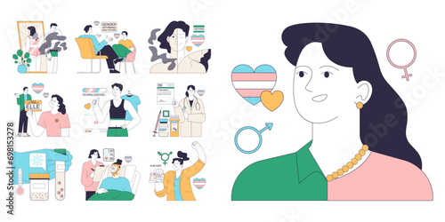 Gender transition process set. Gender-affirming therapy for transgender people. Gender dysphoria, coming out, hormone therapy and sex reassignment surgery. Flat vector illustration