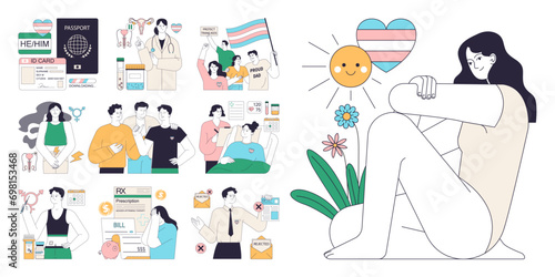 Gender transition consequences set. Gender-affirming therapy, positive and negative experience. Transgender person mental health, legalization, infertility and discrimination. Flat vector illustration