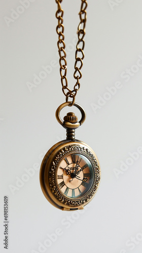 A small brass pocket watch hanging from a chain